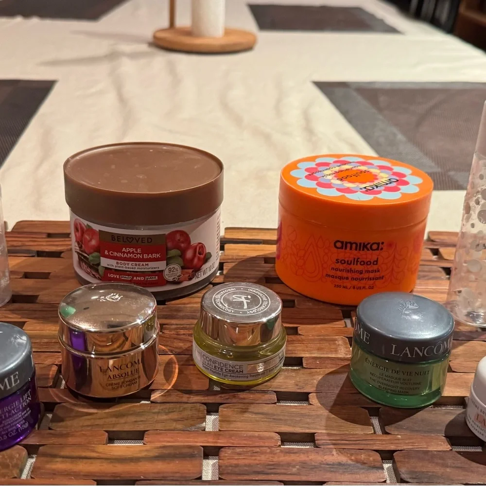 9 empty cosmetic containers: 2 glass ones & 7 plastic ones, variety of sizes